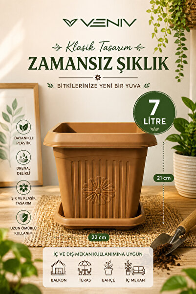 VENİV Dekoratif Antik Kare Alt Tabaklı Saksı 7 Litre 1 Adet
