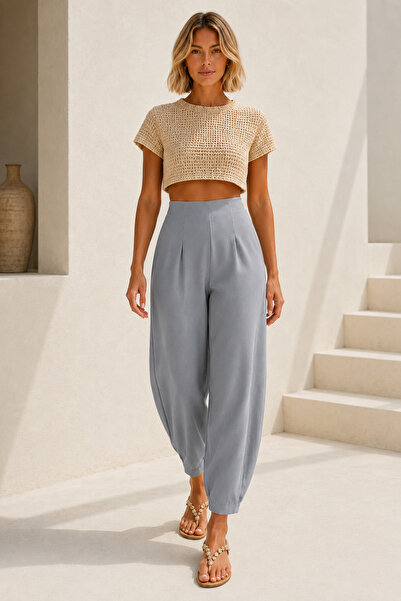 WOMAN VISION Women’s Gray High Waist Pleated Crepe Balloon Pants Pocketless T...