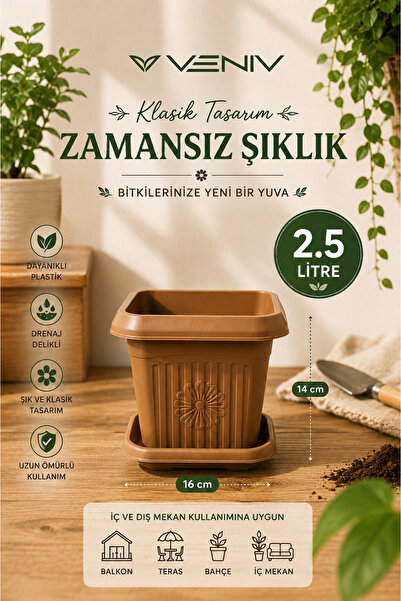 VENİV Dekoratif Antik Kare Alt Tabaklı Saksı 2,50 Litre 1 Adet