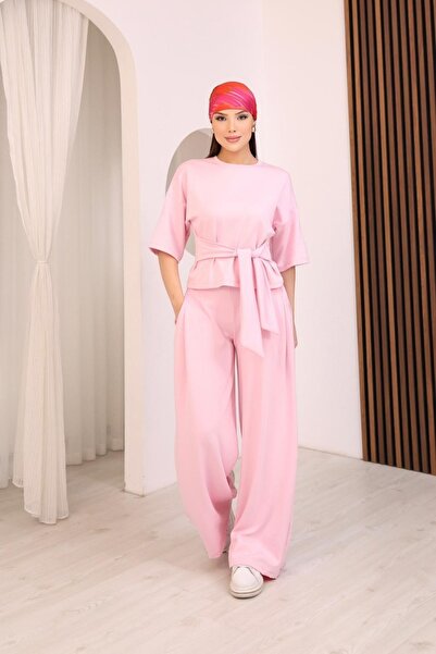 moda poni Women's Pink Double Tie Casual Top and Bottom Set