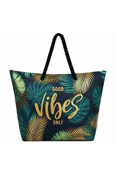 SHOPIENS Geantă de plajă tropicală verde cu mesaj  "Good Vibes ", folie aurie...