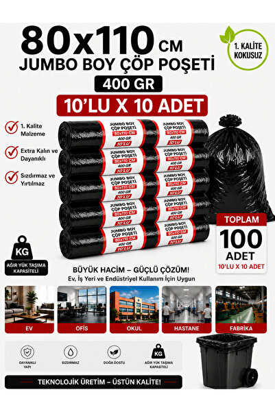 New City 80x110 cm 90 Litre Jumbo Boy Çöp Torbası 100 Adet Siyah Dayanıklı En...