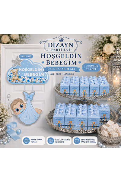 Dizayn Parti Evi Hoşgeldin Bebeğim Erkek Hastane Odası Kapı Süsü ve 25'li Lok...