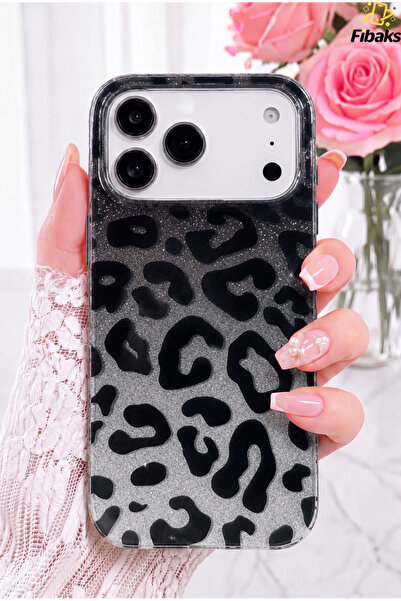 Fibaks Simli Leopar iPhone 17 Pro Max Kılıf Glitter Leopard Şeffaf Telefon Kı...