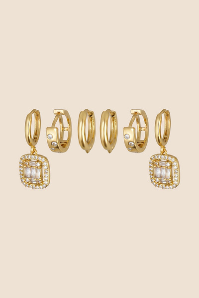 Hetra Gold Color Steel Zircon Stone Square Baguette Figured 6-Piece Hoop Earr...