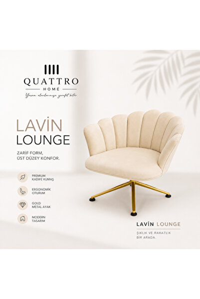 QUATTRO HOME Lavin Lounge Krem Kadife Berjer - Gold Metal Ayaklı Modern Loung...
