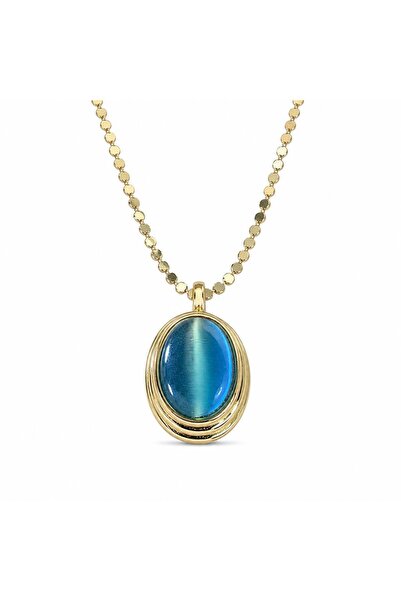 Zeino Mavi Taşlı Oval Çelik Kolye Ucu - Altın Rengi Kaplama - 14 x 23 mm - (6...