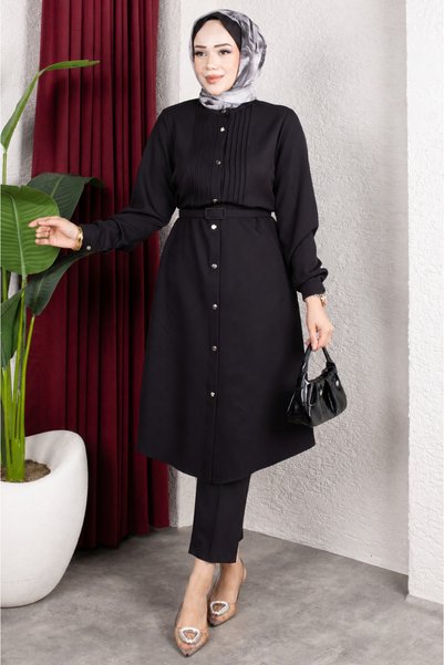 Rabia Zülal New Season Ribbed Detailed Belted Hijab Suit Hijab Top and Bottom Set - Black