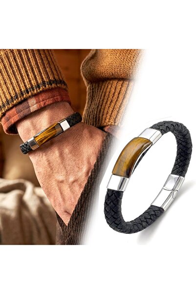 OGHAMAY Cat's Eye Natural Stone and Leather Steel Bracelet 18394B6D1