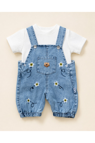 The TWO Kız Bebek Papatya Nakışlı Denim Salopet ve Pamuklu Tişört 2'li Takım ...