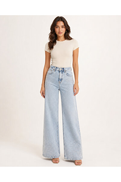 Butik Kadın Açık Mavi Paçası Taşlı Yüksek Bel Wide Leg Jean Pantolon