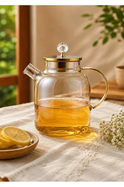 CEZVE HOME إبريق شاي من زجاج البوروسيليكات مع مقبض كريستالي، مقاوم للحرارة، إ...