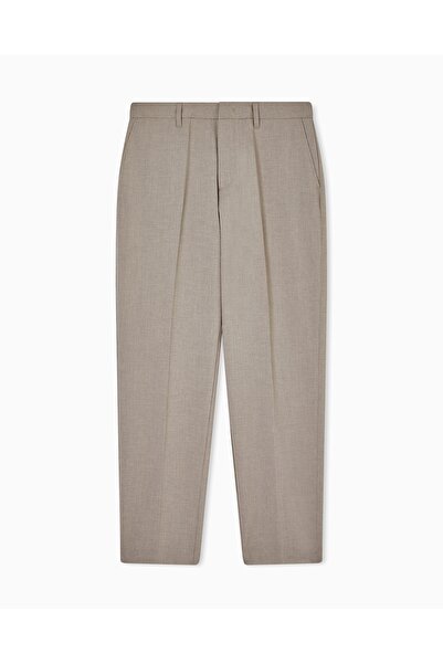 Emporio Armani Men's Regular Cut Pleated Textured Straight Leg Beige Trousers