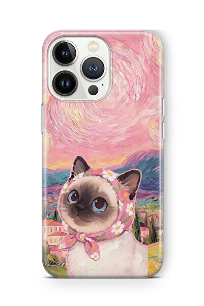 FLAMENKO iPhone 14 Pro Max Uyumlu Van Gogh Temalı Kedi Desenli Şeffaf Telefon...