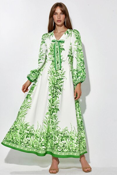 Hiccup Msn Patterned V-Neck Lace-Up Long Dress