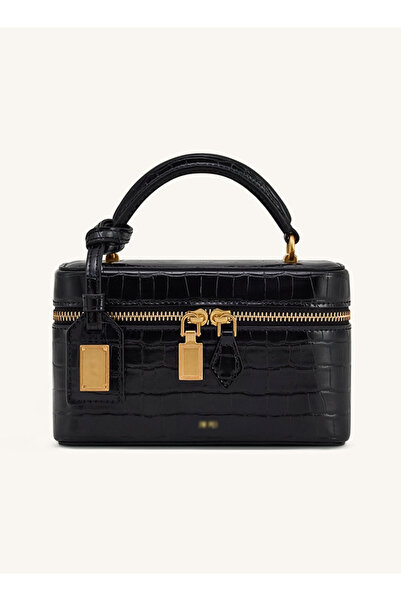 Noorksa Woven Texture Box Shape Top Handle Bag -Black Croc