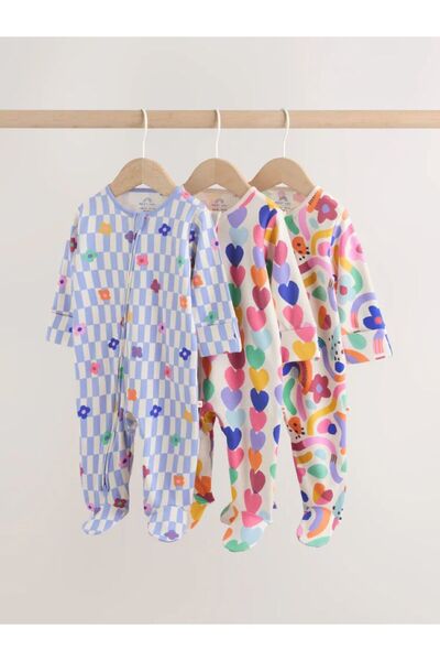 Next Baby Cotton Blue Pink Heart Patterned 3-Piece Jumpsuit Set