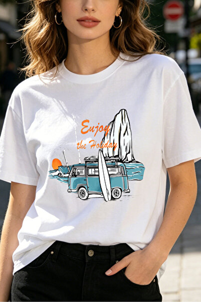 Fleck تي شيرت نسائي من Surf Van Holiday Beach Vibes بتصميم كاجوال صيفي مطبوع ...