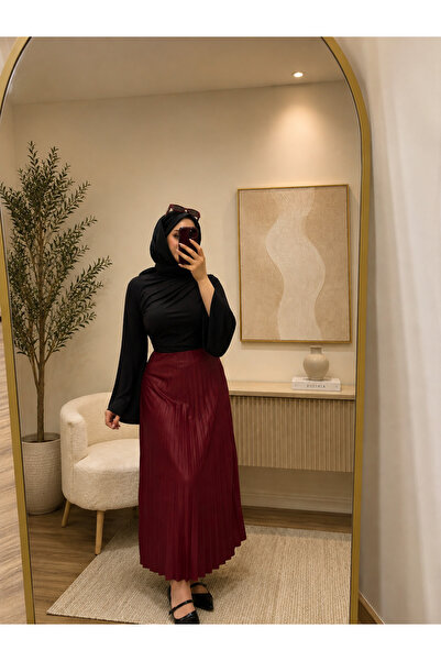 BNGL Boutique تنورة مطوية بطول الكاحل لا تحتاج إلى كيّ، لون بورجوندي