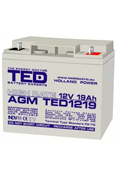 TED Acumulator 12V 19Ah cu descărcare rapidă AGM plumb acid 181mm x 76mm x h1...