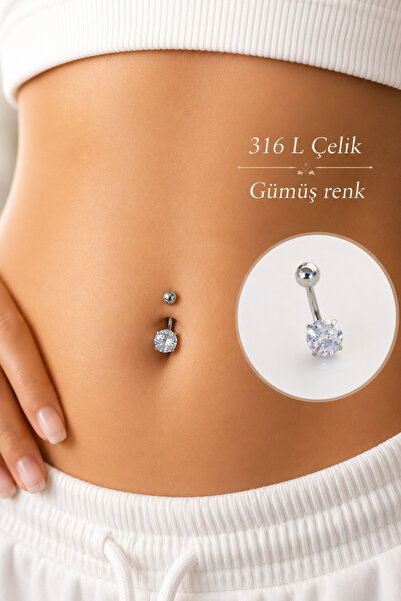moonzy - minimalist & cozy 316L Çelik Tektaş Göbek Piercing Zirkon Taşlı Gold...
