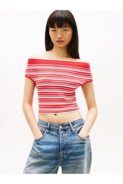 Tommy Hilfiger Kadın Off Shoulder Çizgili Kazak