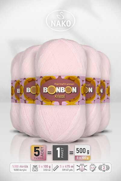 BONBON Crystal - Powder Pink (98331) - 5-Pack - 100Gr/475M - Fine Yarn Hand K...