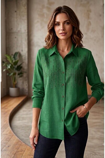 sarıdağ Sofia Linen-Blend Summer Shirt with Stone Details