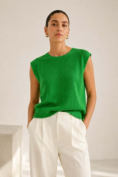 Ferraro Green Back Slit Detailed Crew Neck 100% Cotton Women's Knitwear Blouse