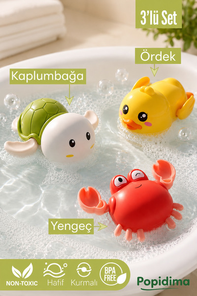 Popidima Yüzen 3’lü Su Oyuncağı Banyo Arkadaşı-Ördek, Kaplumbağa ve Yengeç Ku...