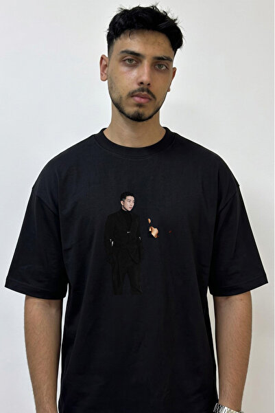 Anetos Rm Bts Design Printed Oversize Black T-Shirt