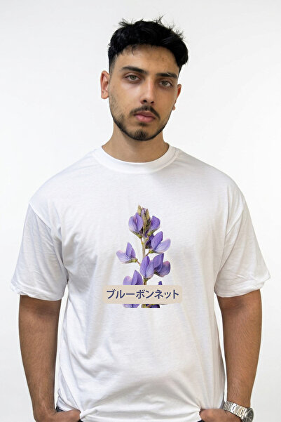 Anetos تي شيرت أبيض كبير الحجم مطبوع بتصميم Bluebonnet