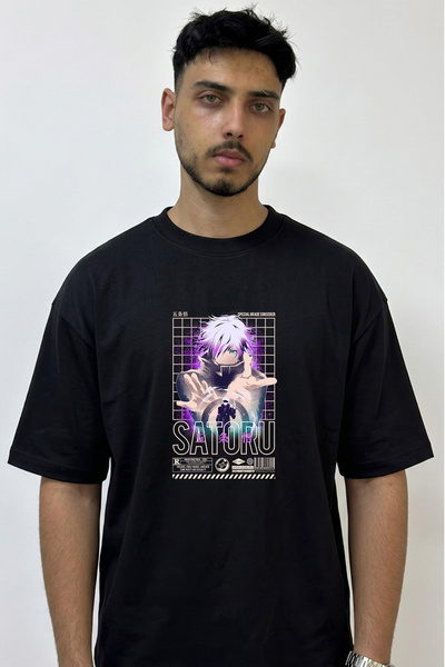 Anetos Gojo Satoru_48 Design Printed Oversize Black T-Shirt