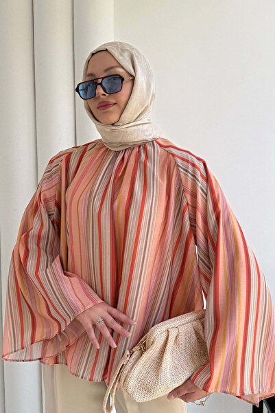 Modaensarbutik Pastel Çizgi Desenli Rahat Kesim Gömlek-ORANGE