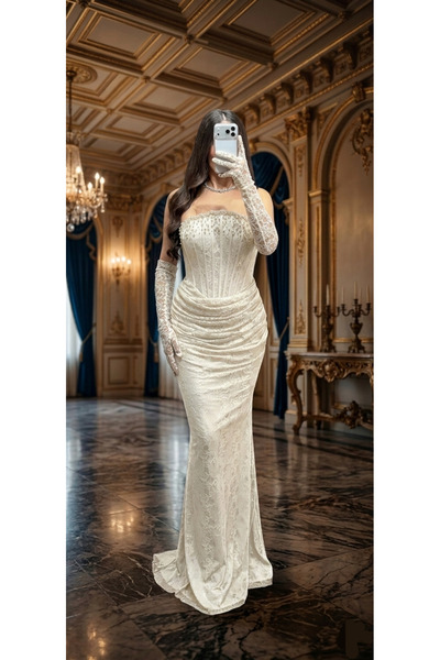 makbuleofficial Beyaz Dantel ,İşlemeli ,Nikah,Nişan Elbisesi