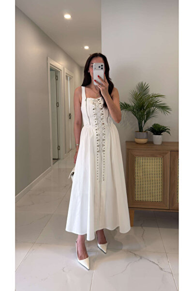 BİRCANÇİL Lerta Ecru Detailed Lined Dress