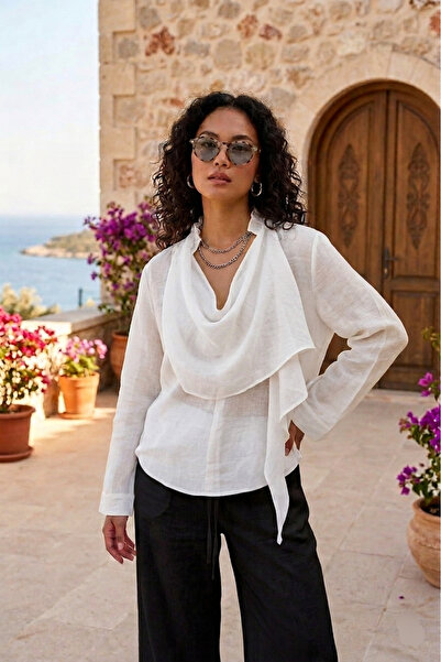 Lovely butik Bluză transparentă cu textură de in, cu guler șal Degaje, pentru...