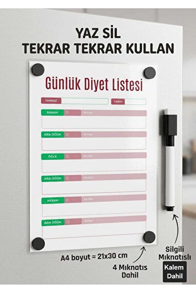 URDE Yaz Sil Günlük Diyet Listesi Planlayıcı Pano - Mıknatıslı Buzdolabı Magn...