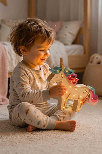 Galery Wood Novalia Luna Unicorn Figürlü Doğal Ahşap LED Çocuk Odası Gece Lam...