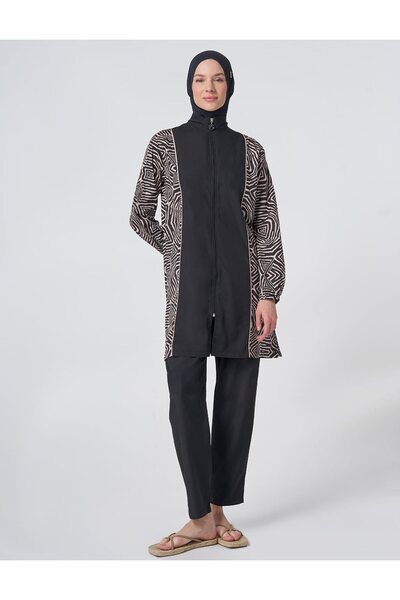 Kayra Zebra Pattern Hijab Swimsuit Black