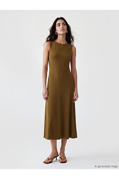 LC Waikiki Lcw Vision Green Crew Neck Flared Dress