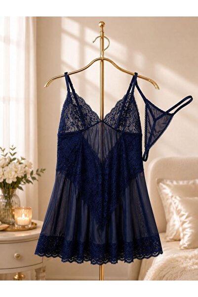Genel Markalar Sapphire Büyük Beden Dantel Tül Gecelik Takımı Lacivert Babydoll