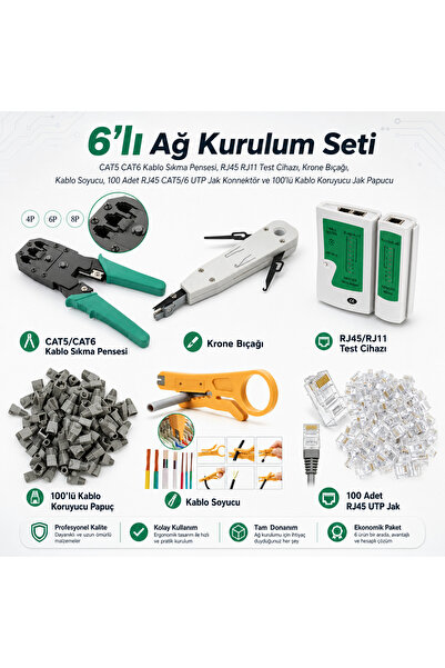Derwell 6lı Ağ Kurulum Seti - CAT5 CAT6 Kablo Sıkma Pensesi, RJ45 RJ11 Test C...