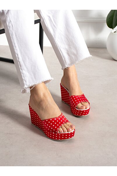 ALEMDAR AYAKKABI Cozy Red Polka Dot Wedge Heeled Women's Slippers