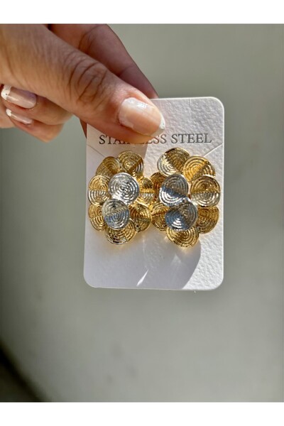 Gözde Tasarım Butik Women's Steel Earrings with Flower Motif in Silver and Go...