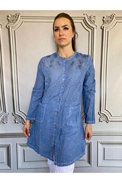 AGORATEKSTİL Women's Washed Cotton Fabric Long Sleeve Mother's Stone Tunic 40/48