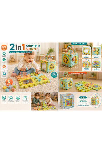 merytoys Dolu 2’si 1 Arada Eğitici Aktivite Küpü Puzzle 25 cm | 12 Ay+ Bebek ...