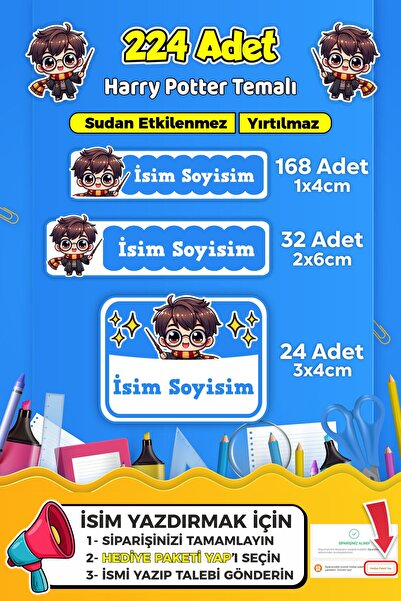 SB store Okul Kreş Kişiye Özel isim Etiket Seti Harry Potter Temalı - Model 727