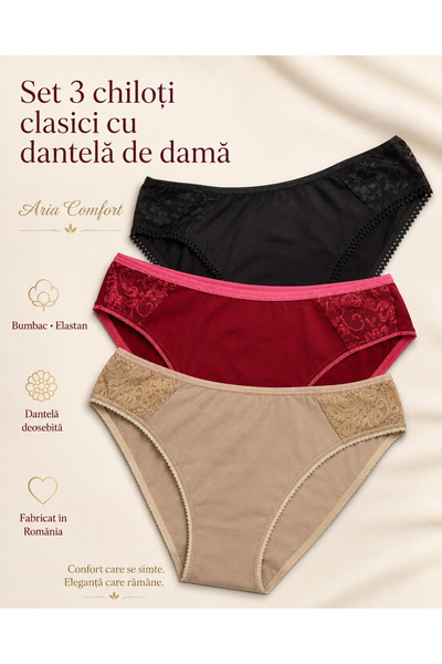 Aria Comfort ✨ Set 3 Chiloți Clasici Damă – Bumbac moale, (Roșu, Negru, Bej),...