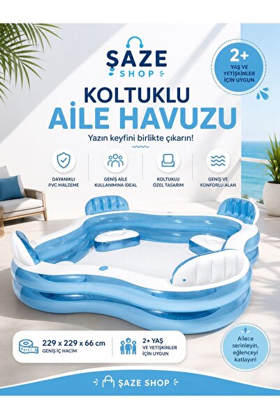 SAZE Koltuklu Şişme Aile Havuzu 229x229x66 Cm Büyük Bahçe Havuzu 2+ Yaş Yetiş...